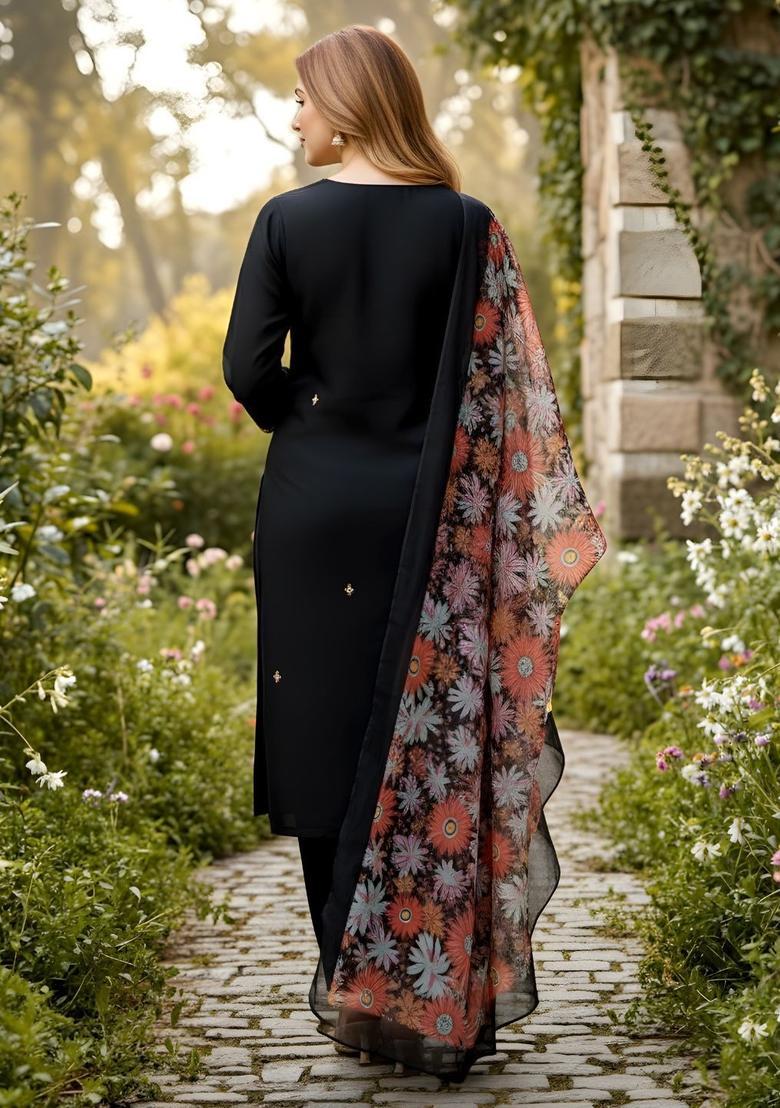 Black Embroidered Silk Kurta Set - Indya