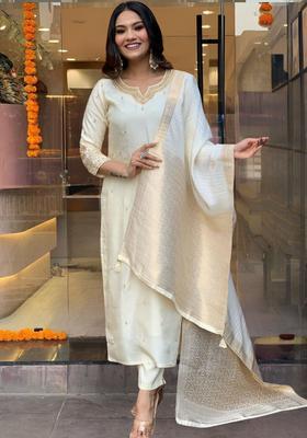 Cream Embroidered Silk Kurta Set
