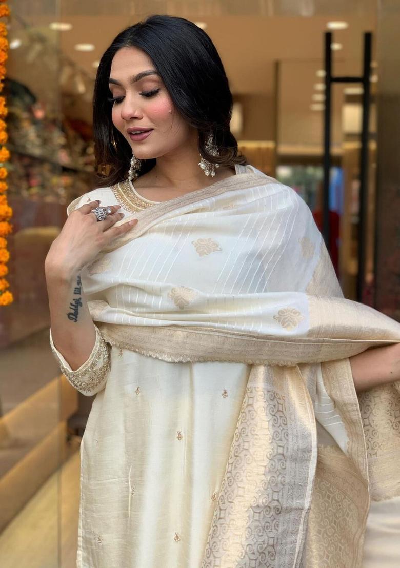 Cream Embroidered Silk Kurta Set - Indya