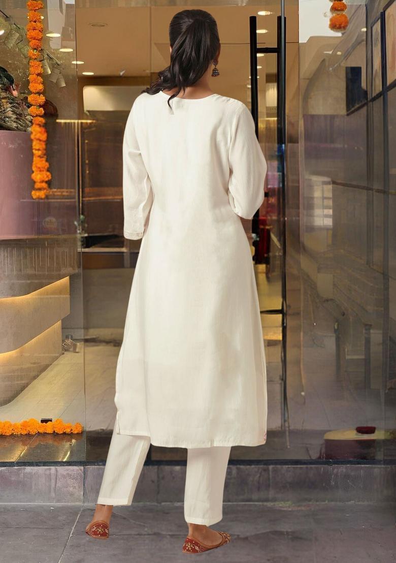 Cream Embroidered Silk Kurta Set - Indya