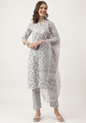 White Printed Cotton Kurta Set