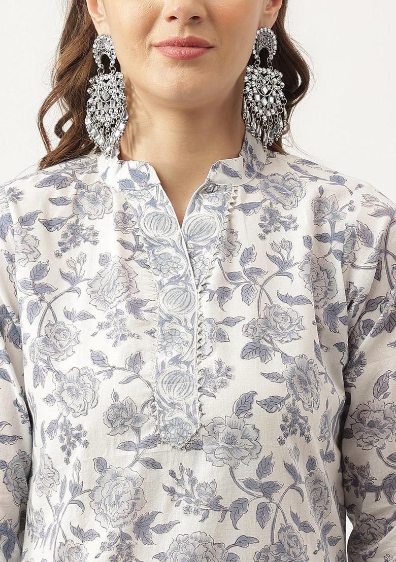 White Printed Cotton Kurta Set - Indya