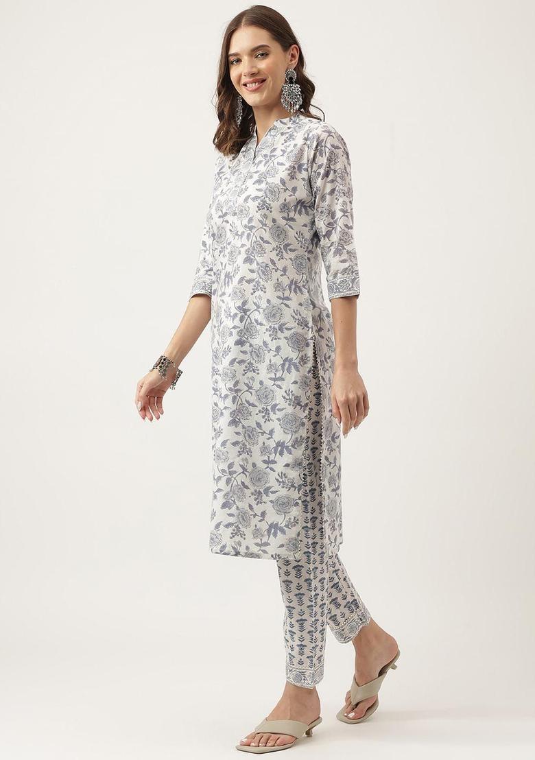White Printed Cotton Kurta Set - Indya