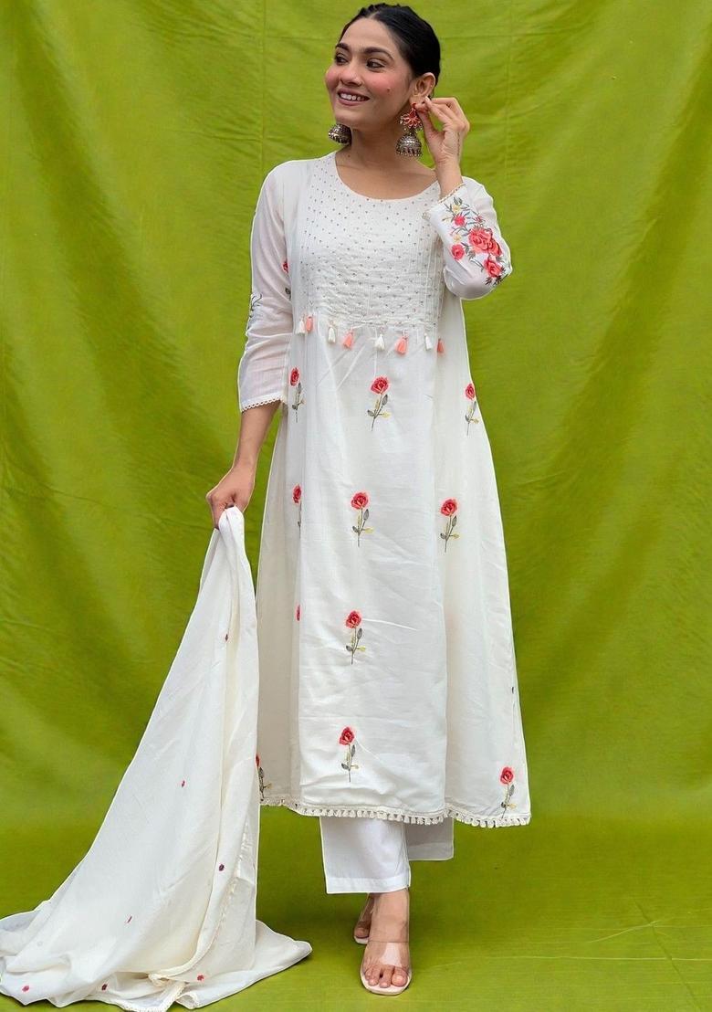 White Embroidered Silk Kurta Set - Indya