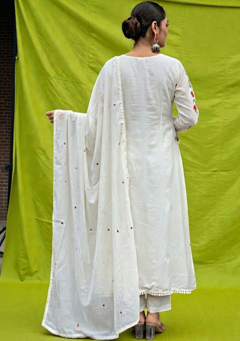 White Embroidered Silk Kurta Set - Indya