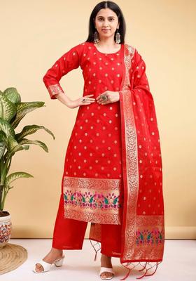 Red Woven Design Silk Blend Kurta Set