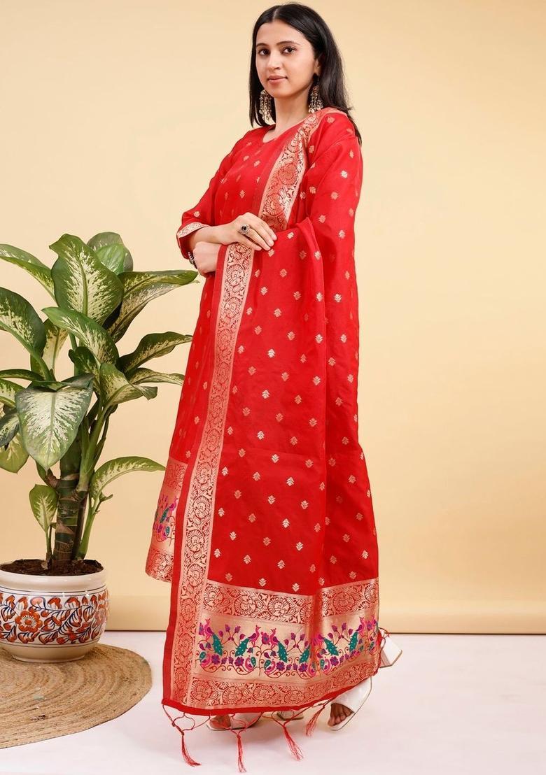 Red Woven Design Silk Kurta Set - Indya