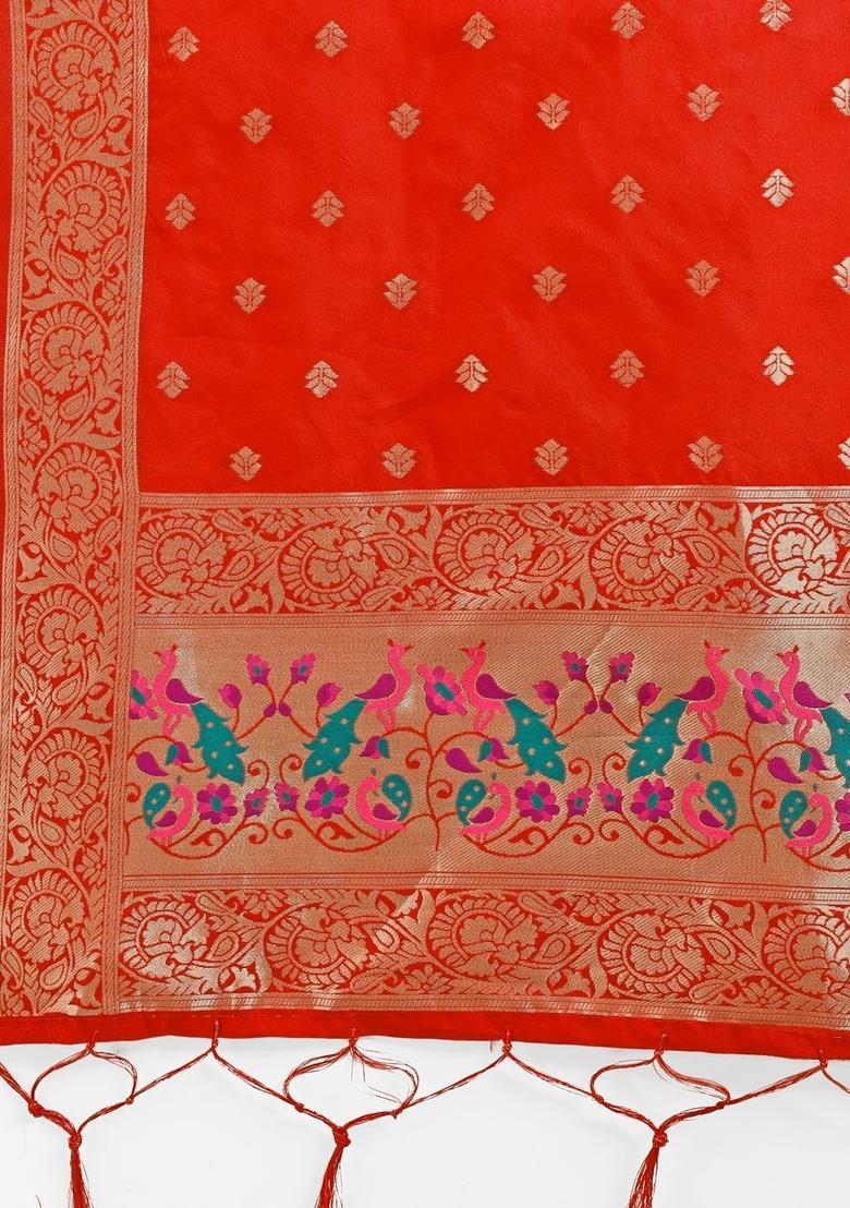 Red Woven Design Silk Kurta Set - Indya