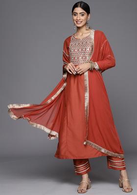 Rust Yoke Design Silk Blend Kurta Set
