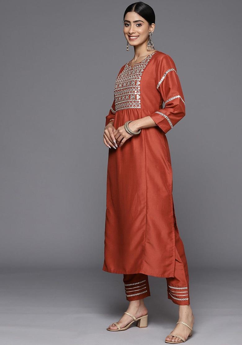 Rust Yoke Design Silk Kurta Set - Indya