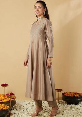 Brown Embroidered Silk Kurta Set