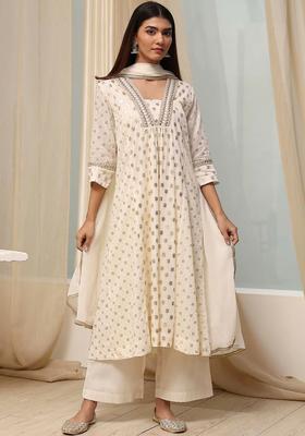 Off White Printed Viscose Kurta Set
