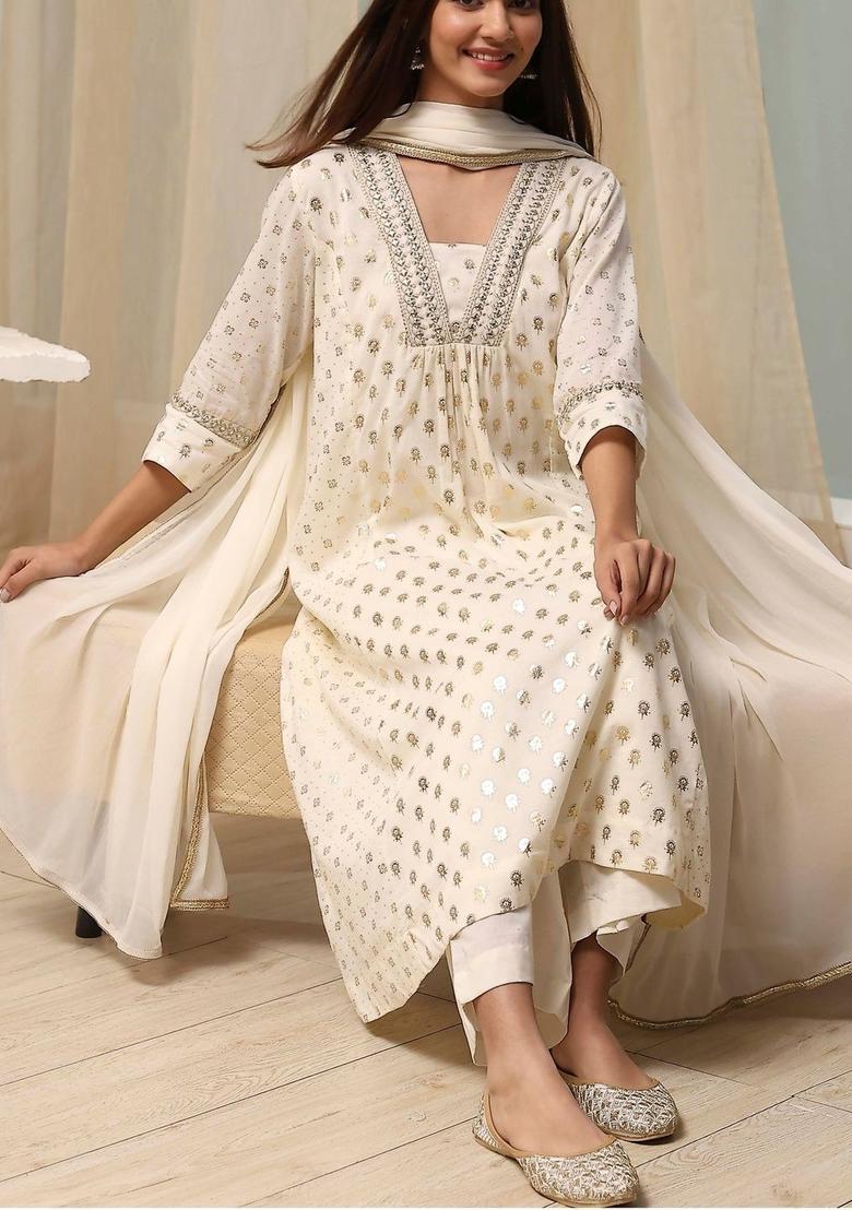Off White Printed Viscose Kurta Set - Indya