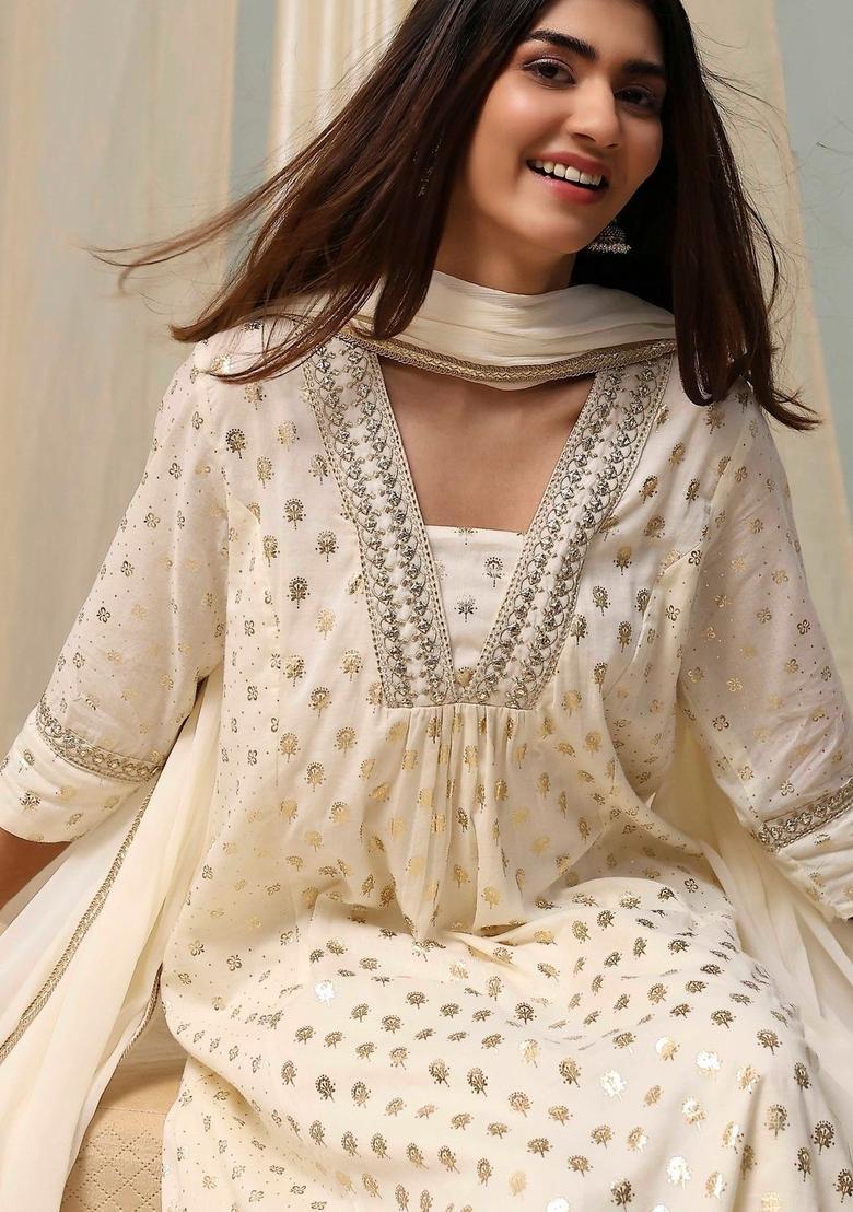 Off White Printed Viscose Kurta Set - Indya