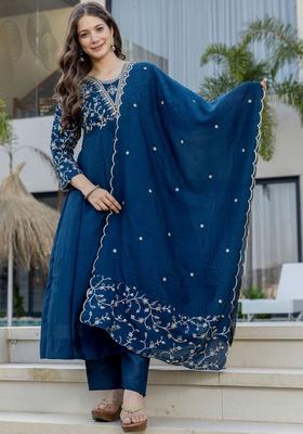 Navy Blue Embroidered Silk Kurta Set