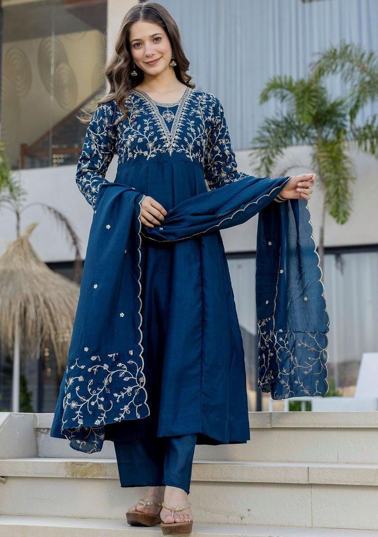 Navy Blue Embroidered Silk Kurta Set - Indya