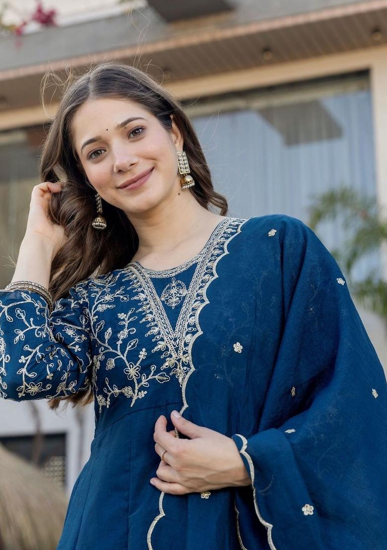 Navy Blue Embroidered Silk Kurta Set - Indya