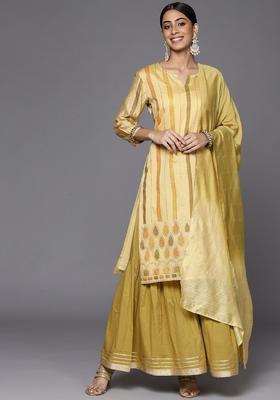 Yellow Printed Chanderi Kurta Set