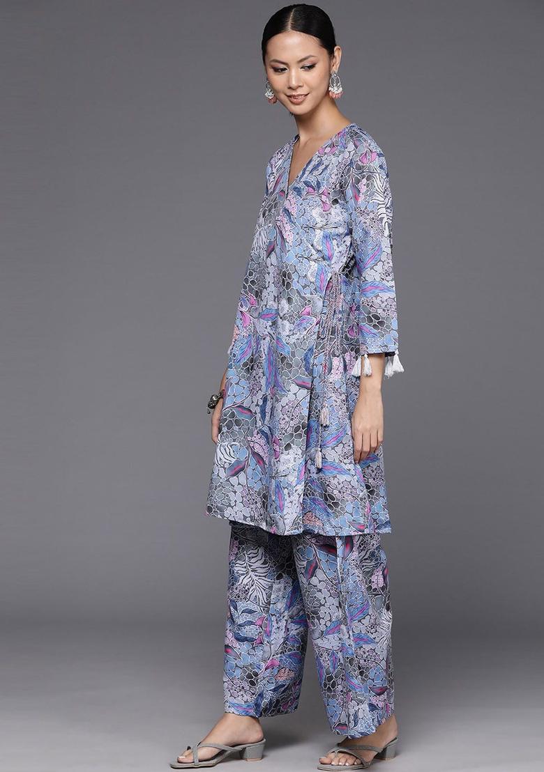 Grey Printed Viscose Kurta Set - Indya