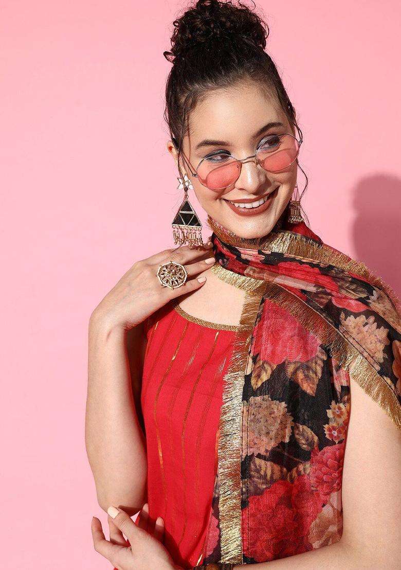 Red Striped Cotton Kurta Set - Indya