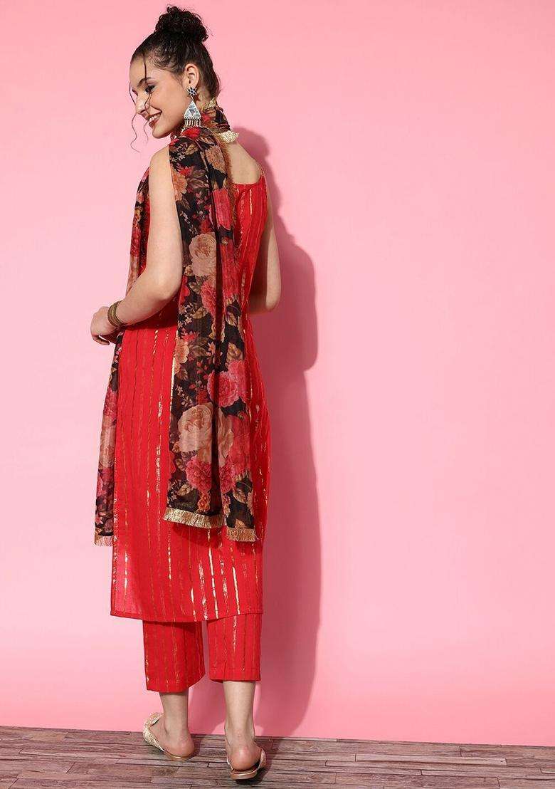 Red Striped Cotton Kurta Set - Indya
