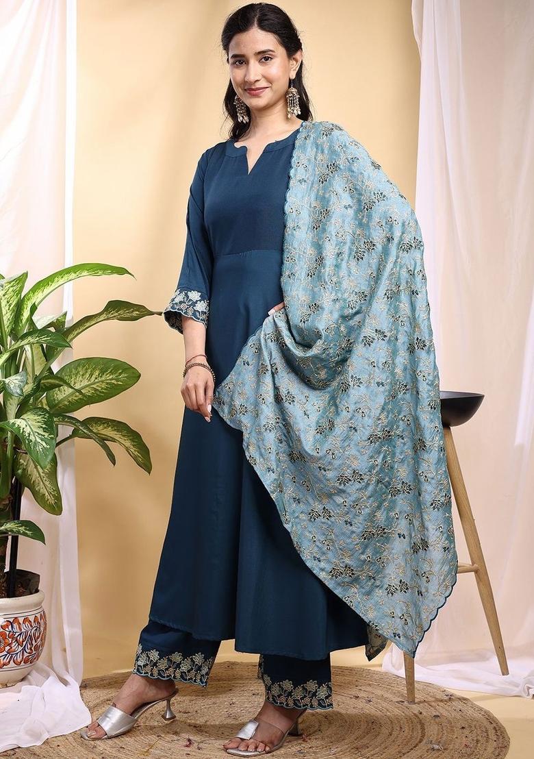 Navy Blue Solid Silk Kurta Set - Indya
