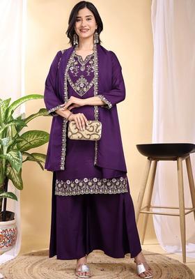 Purple Embroidered Silk Kurta Set