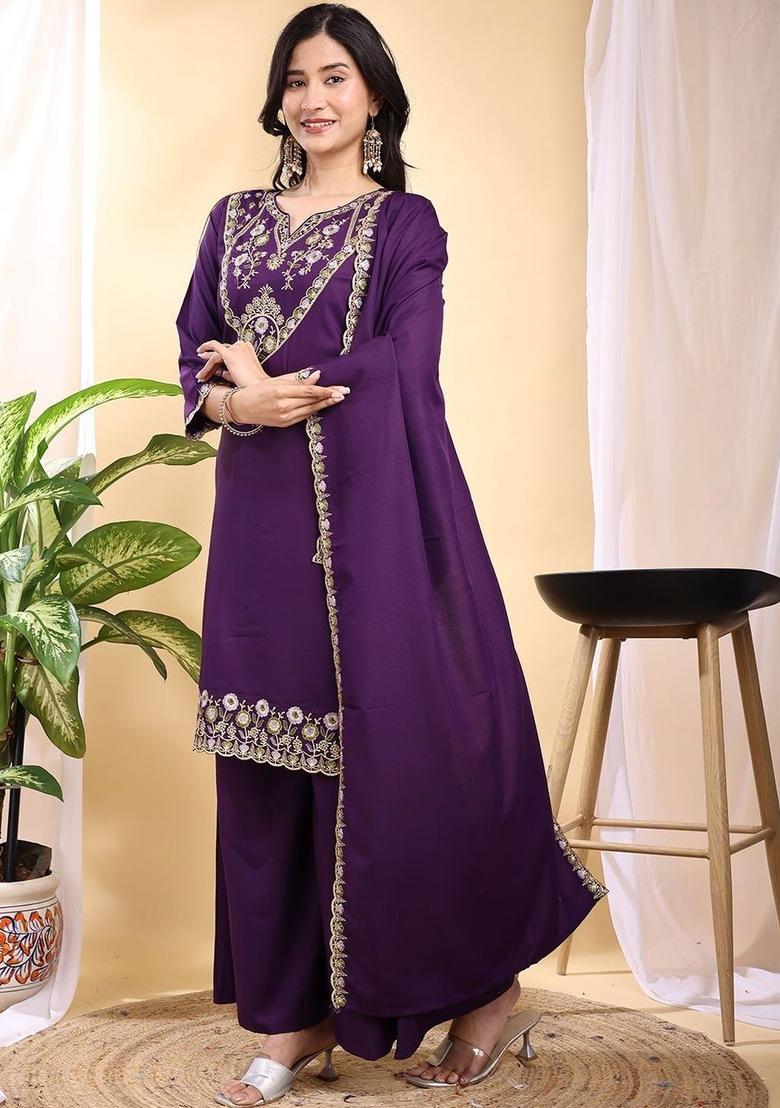 Purple Embroidered Silk Kurta Set - Indya