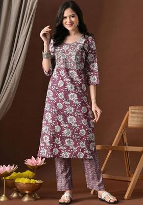 Purple Printed Cotton Kurta Set