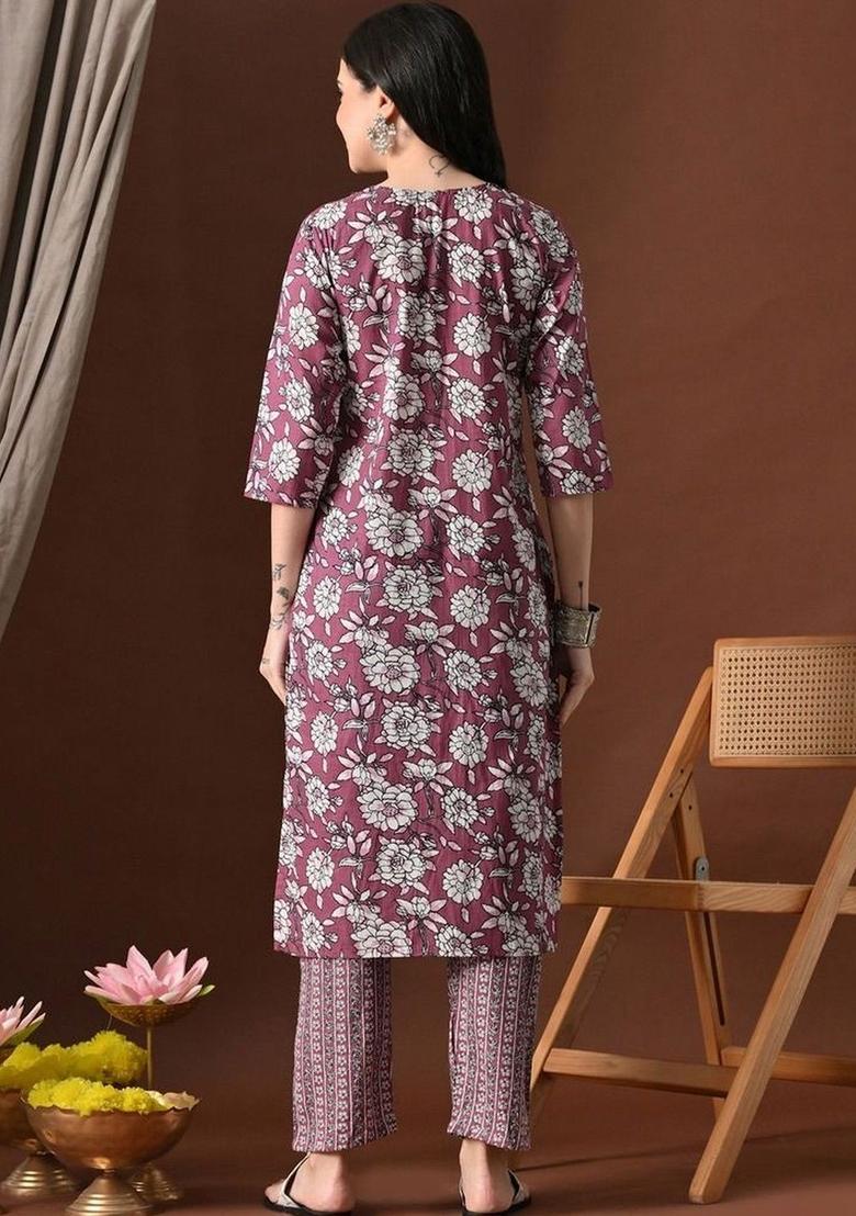 Purple Printed Cotton Kurta Set - Indya