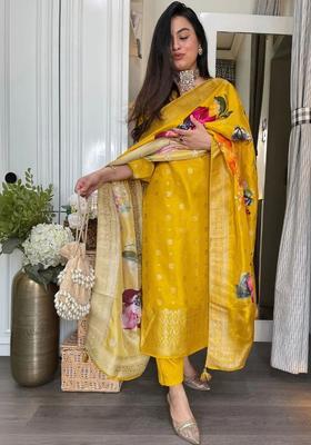 Yellow Woven Design Silk Kurta Set