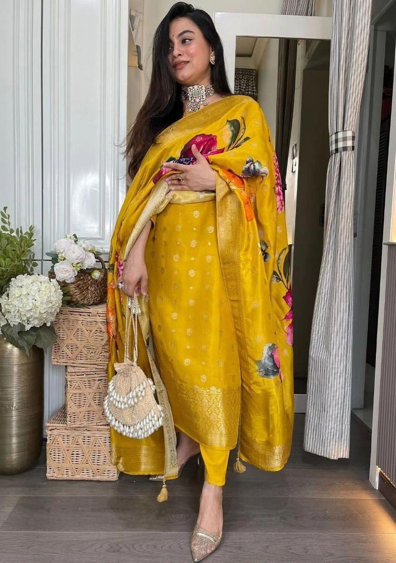 Yellow Woven Design Silk Kurta Set - Indya