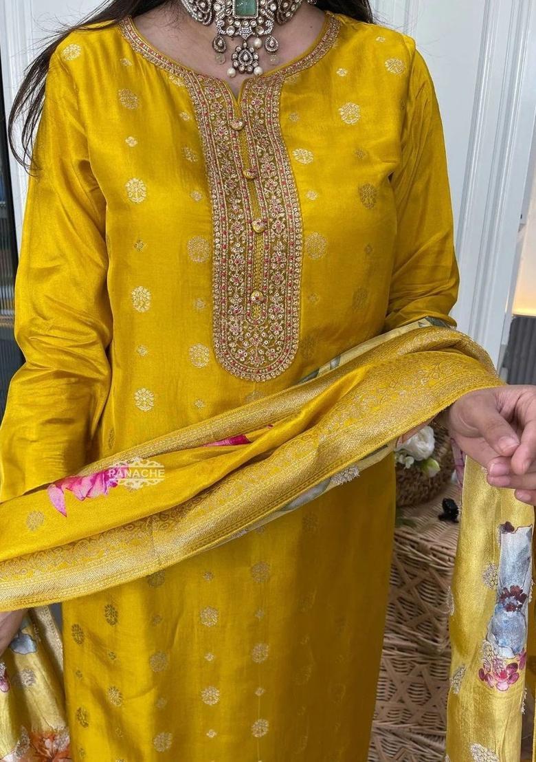Yellow Woven Design Silk Kurta Set - Indya