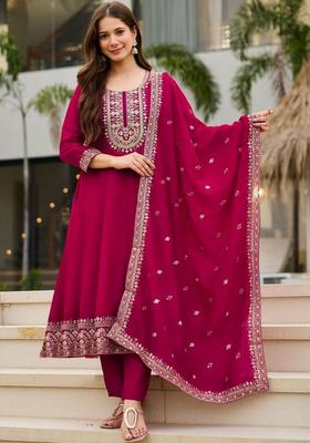 Magenta Embroidered Silk Kurta Set