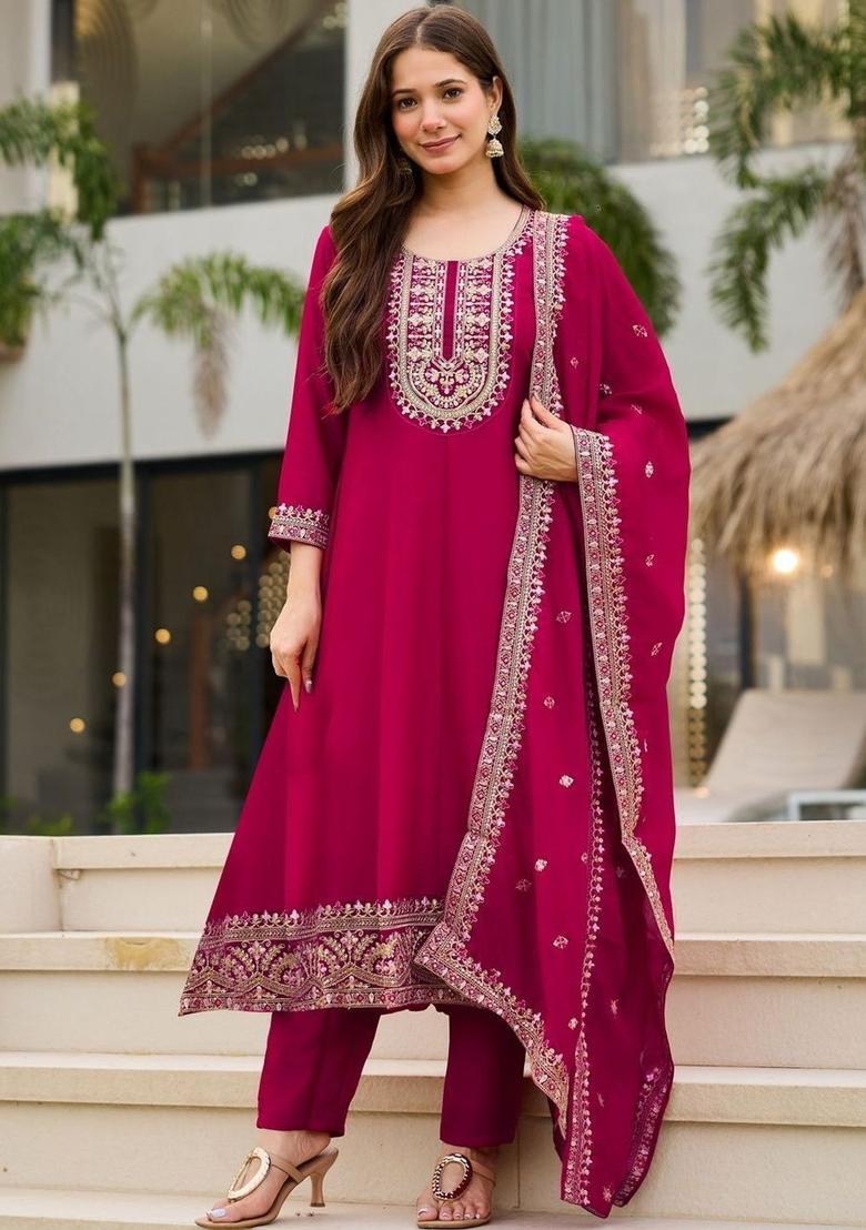 Magenta Embroidered Silk Kurta Set - Indya
