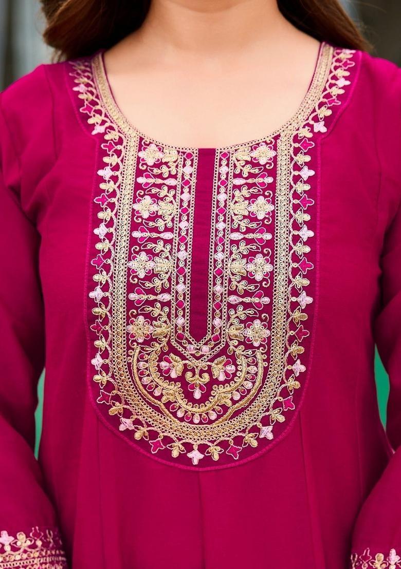 Magenta Embroidered Silk Kurta Set - Indya