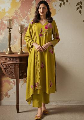 Olive Embroidered Viscose Kurta Set