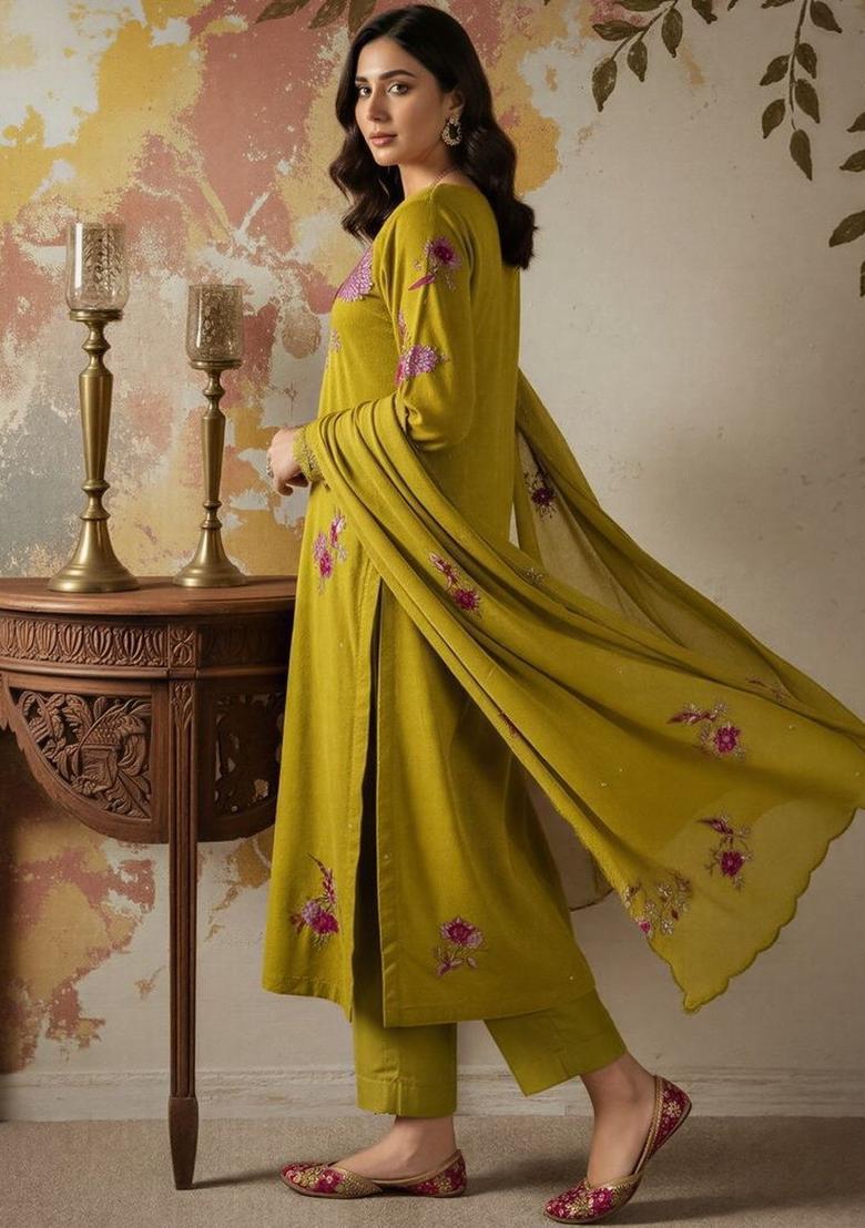 Olive Embroidered Viscose Kurta Set - Indya