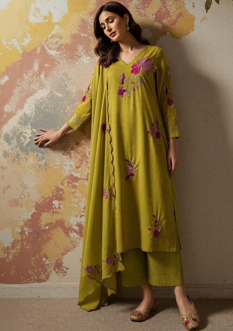 Olive Embroidered Viscose Kurta Set - Indya