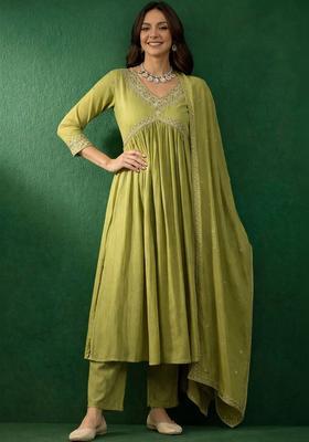 Lime Green Embroidered Viscose Kurta Set