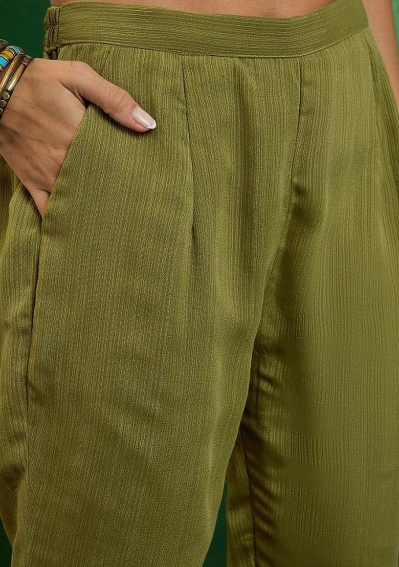 Lime Green Embroidered Viscose Kurta Set - Indya