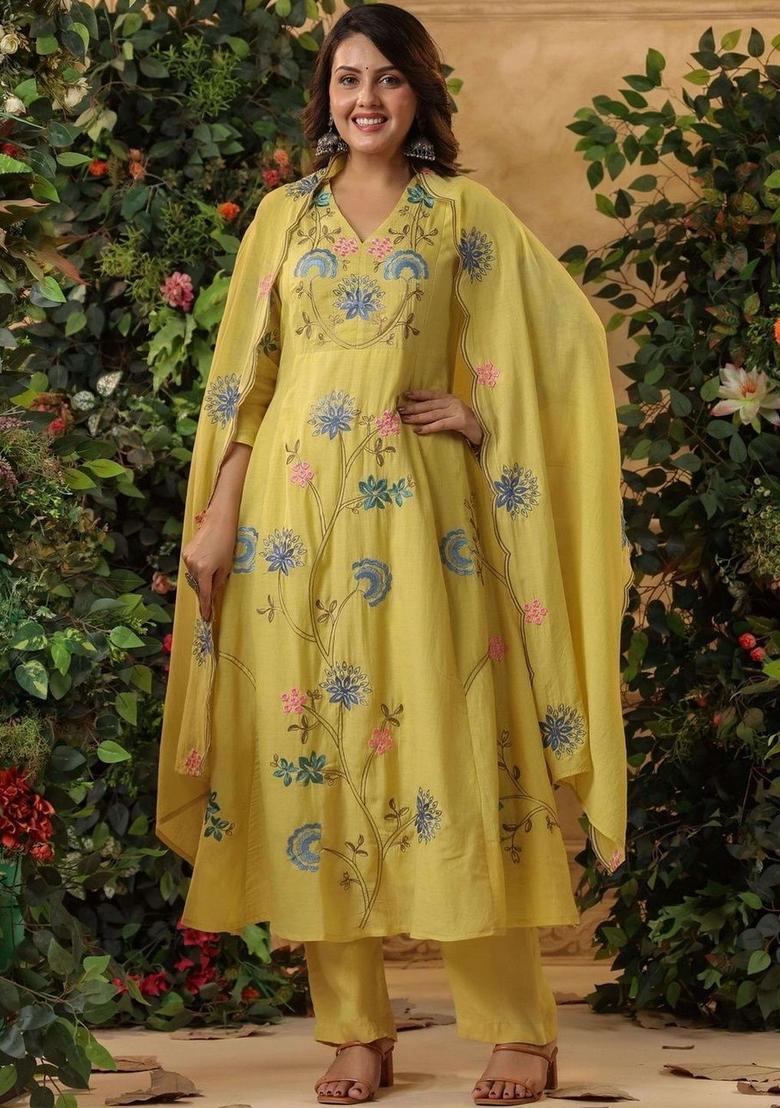 Yellow Embroidered Cotton Kurta Set - Indya