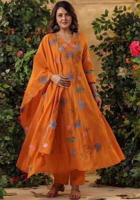 Orange Embroidered Cotton Anarkali Set