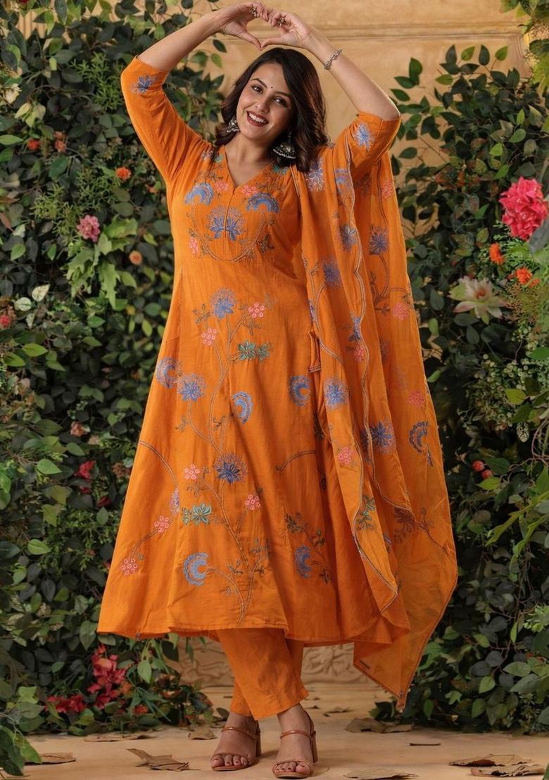 Orange Embroidered Cotton Anarkali Set - Indya