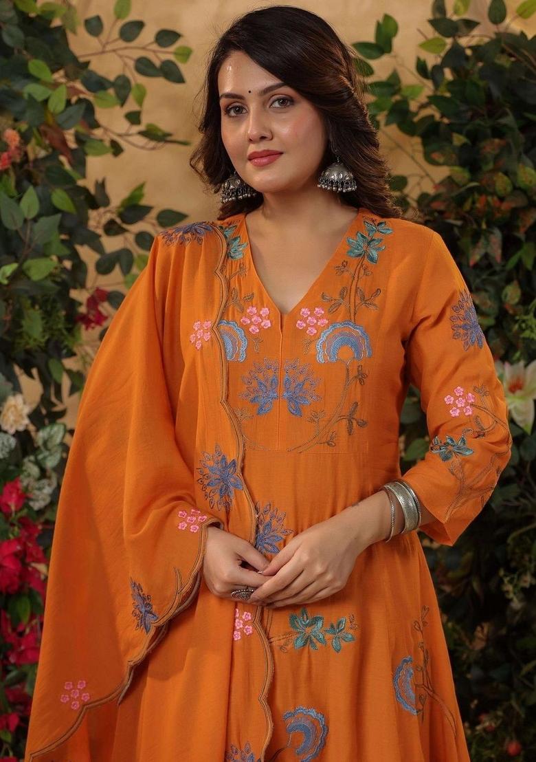 Orange Embroidered Cotton Anarkali Set - Indya