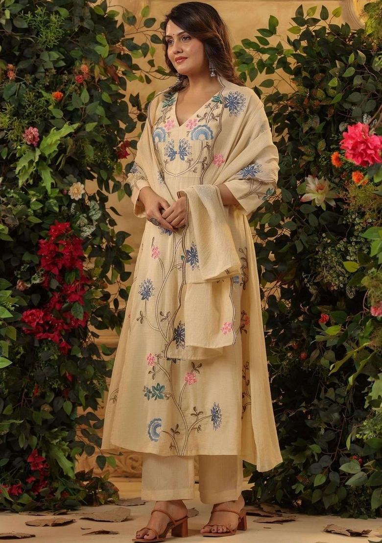 Cream Printed Cotton Kurta Set - Indya