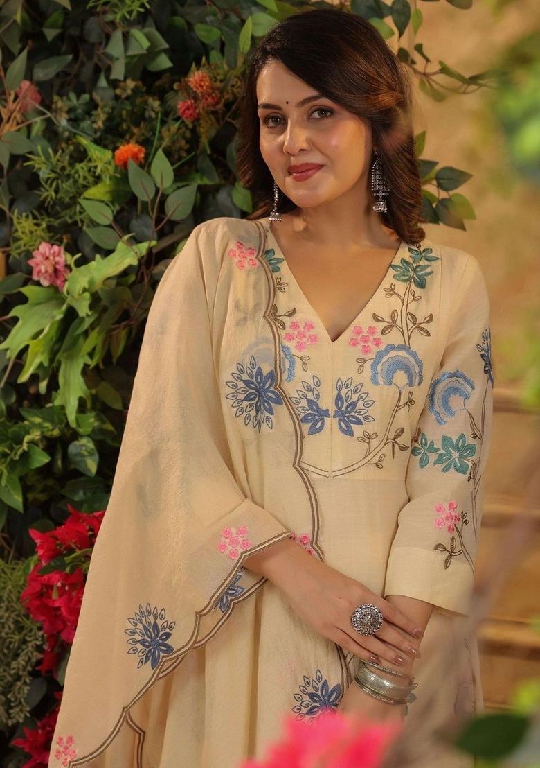 Cream Printed Cotton Kurta Set - Indya