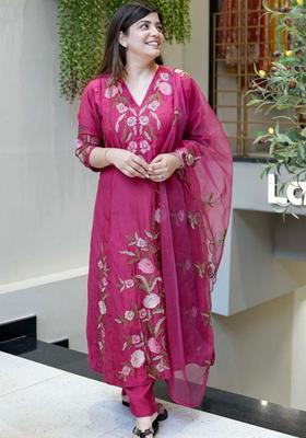 Pink Embroidered Cotton Kurta Set