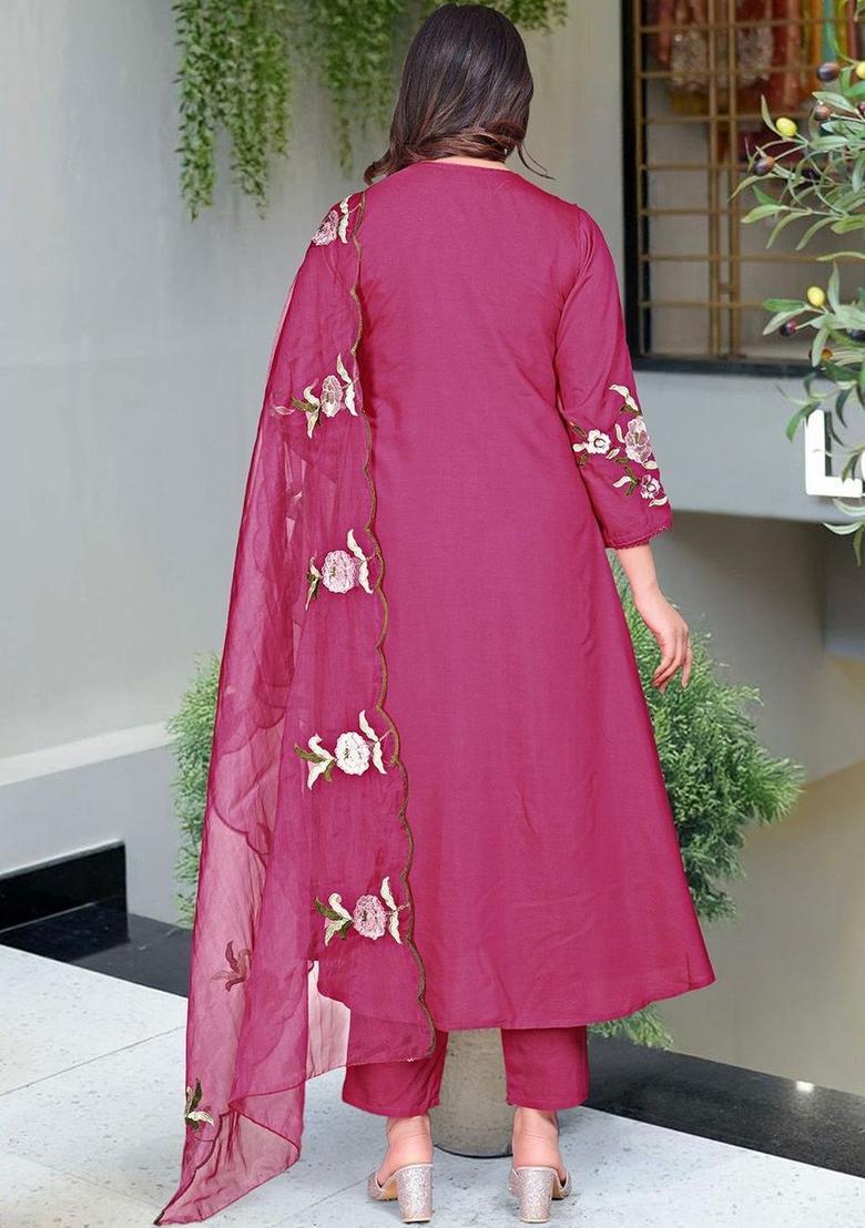 Pink Embroidered Cotton Kurta Set - Indya