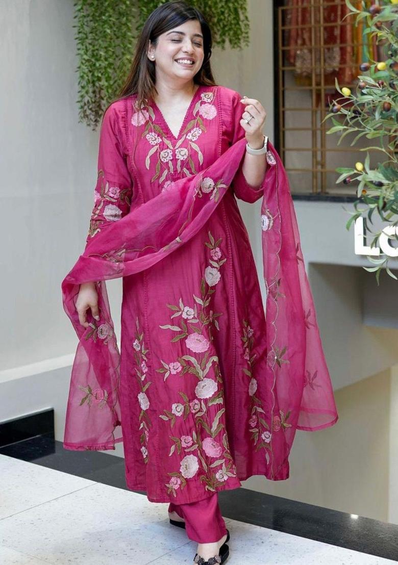 Pink Embroidered Cotton Kurta Set - Indya